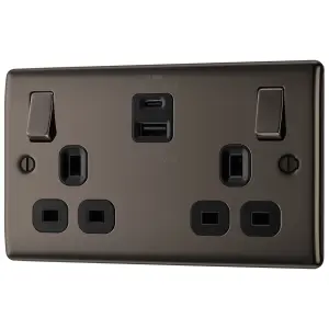 BG Black Nickel Double 13A 22W Raised slim Switched Screwed Socket with USB, x2 & Black inserts