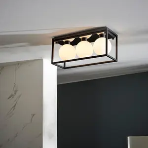 Luminosa Matera Bathroom 3 Light Ceiling Semi Flush Matt Black & Matt Opal Glass IP44