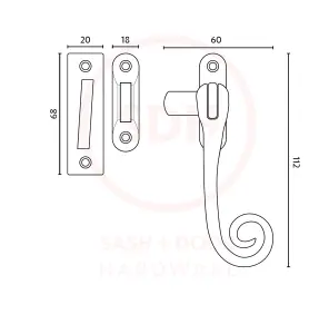 Dart Monkey Tail Brass Window Fastener with Hook & Mortice Plate - Polished Chrome