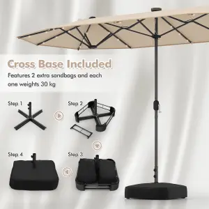 Costway 4M Double Sided Outdoor Umbrella Twin Large Patio Umbrella w/ Lights & Base