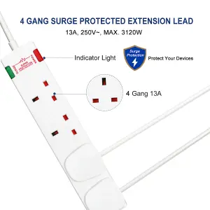 4 Way Socket with Cable 3G1.25,3M,White,with Power Indicater,Child Resistant Sockets,Surge Indicator