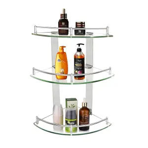 3 Tier Wall Mounted Tempered Glass Corner Bathroom Shelf Shower Storage Organizer Dia 20 cm