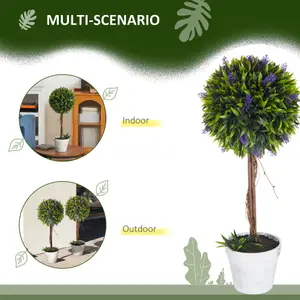 HOMCOM Set of 2 Potted Artificial Plants Ball Tree with Lavender Flowers, 60cm