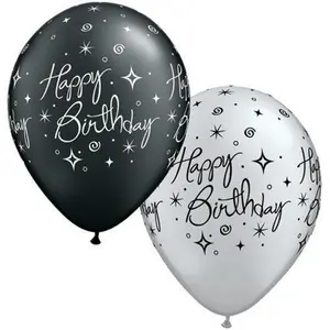 Qualatex Elegant Sparkles & Swirls Happy Birthday Balloons (Pack Of 25) Black/Silver (One Size)