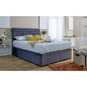 Santino Divan Ottoman Plush Bed Frame With Chesterfield Headboard - Steel