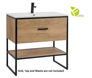 800 Bathroom Vanity Unit with Drawer Industrial Cabinet Black Steel Oak Finish Loft Freestanding Brook