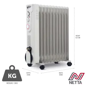 NETTA Oil Filled Radiator 2500W Portable Electric Heater with Thermostat & 24 Hour Timer - 11 Fin, Grey