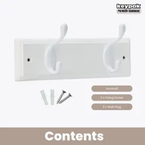 keypak 2-Hook Door Wall Mounted Coat Rack, 22.5cm - White Wooden Board, White Coat Hooks - Fixings Included