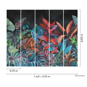 Grandeco Boutique Belize Colourful Tropical Jungle 5 Lane Repeatable Mural 3.75 x 3m, Multi