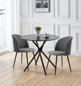 Hallowood Furniture Cullompton Small Round Black Dining Table 90cm with 2 Curved-back Dark Grey Fabric Chairs