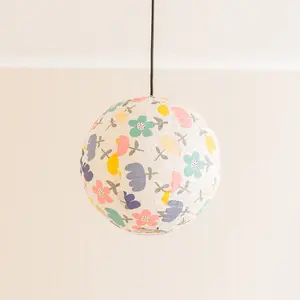 ValueLights Annie Bold Floral Natural Fabric Globe Ball Ceiling Lamp Shade with LED Bulb