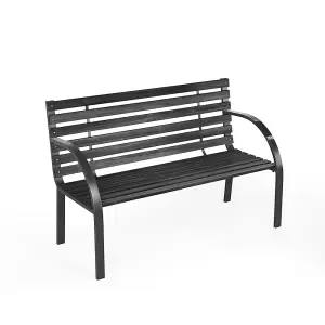 2 Seater Black Retro Slatted Iron Wood Rustproof Garden Bench