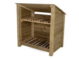 Wooden log store (roof sloping back) with kindling shelf W-119cm, H-126cm, D-88cm - natural (light green) finish