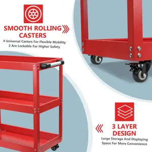 Tool Storage Heavy Duty Garage Trolley Workshop 3 Tier Wheel Cart DIY Red