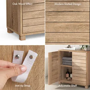 VonHaus Bathroom Storage Cabinet, Oak Wood Effect Floor Cabinet with Handleless Design, Freestanding Towel Storage Unit, Chester