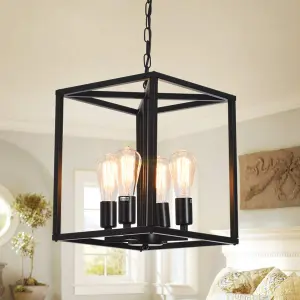 Garwarm Black 4-Light Metal Cage Pendant Light Adjustable Height for Kitchen Island Farmhouse Hallway