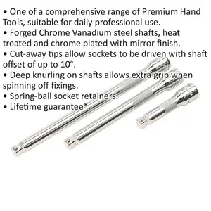 3 Piece Chrome Vanadium Wobble and Rigid Extension Bar Set with Deep Knurling