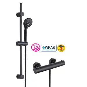 Matt Black Thermostatic Round Bar Mixer Shower Valve + Riser Rail + Head + Hose