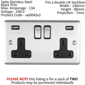 2 PACK 2 Gang Single UK Plug Socket & 2.1A USB SATIN STEEL & Black 13A Switched