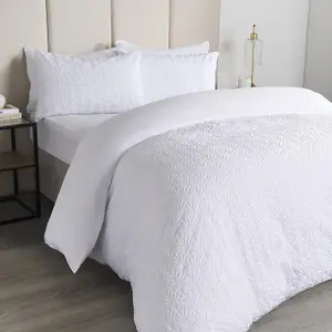 OHS Geometric Embossed Duvet Set, White - Double