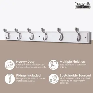 keypak 6-Hook Wall-Mounted Coat Rack, 68cm - White Wooden Board, Satin Nickel Coat Hooks - Fixings Included