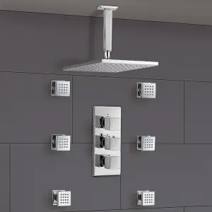 Rose Square Concealed Thermostatic Shower Mixer Set - Ceiling Head & Massage Body Jets