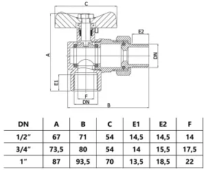 Invena 1 Inch Water Angled Ball Valve with Butterfly Handle Female x Male