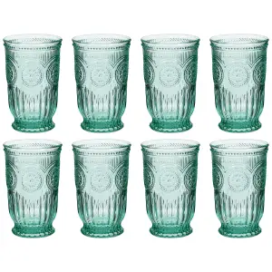 Set of 8 Luxury Embossed Green Tall Drinking Glass Tumblers 330ml