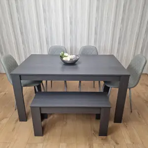 Dark Grey Dining Table with 4 Diamond Stitched Grey Chairs and 1 Bench