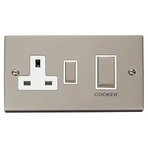 Pearl Nickel Cooker Control Ingot 45A With 13A Switched Plug Socket - White Trim - SE Home