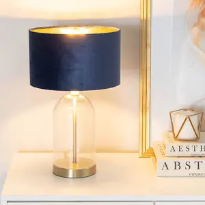 ValueLights Jessy Glass with Gold Trim Table Lamp with Navy Blue Velvet with Gold Inner Lamp Shade