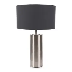 ValueLights Lexy Brushed Chrome Touch Table Lamp with Charcoal Grey Drum Shade