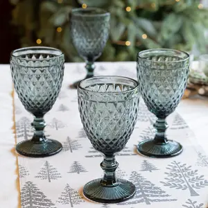 Set of 4 Vintage Luxury Grey Diamond Embossed Drinking Wine Glass Wine Goblets 270ml