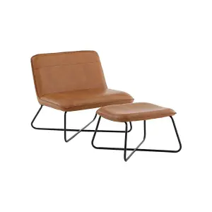 X Metal Frame Orange ,Lounge Chair with Footstool, Brown PU