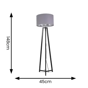 ValueLights Lottie Black Wood Tripod Floor Lamp with Grey/Chrome Drum Shade - LED Bulb Included