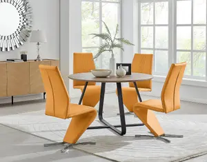 Furniturebox UK Santorini Brown Wood Contemporary Round Round Dining Table And 4 Mustard Willow Chairs Set