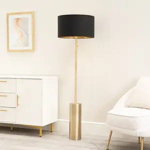 ValueLights Lexy Antique Brass Rotary Dimmer Switch Floor Lamp with Black/Gold Shade