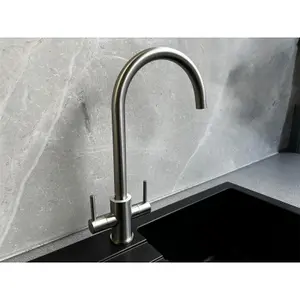 Liquida AD395BS Swan Neck Twin Lever Kitchen Mixer Tap In Brushed Steel