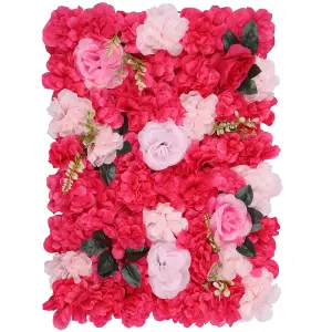 Artificial Flower Wall Backdrop Panel, 60cm x 40cm, Pink with Green Leaves