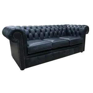 Chesterfield 3 Seater Cracked Wax Jet Black Leather Sofa Settee In Classic Style