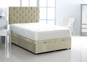 6FT Superking Cream Crush Velvet Foot Lift Ottoman Bed With Headboard & Mattress