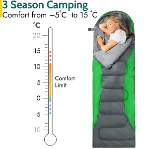 Adult Sleeping Bag 3 Season Single Person Warm Hood Carry Bag Trail Green Alpine 250