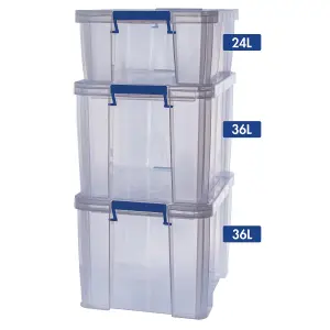 3 BANKERS BOX 1 x 24L 2 x 36L Clear Plastic Storage Box with Lid Super Strong Plastic Boxes