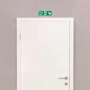 EAI - Fire Exit Sign Arrow Man Down Right 400x150mm Self Adh Semi Rigid PVC