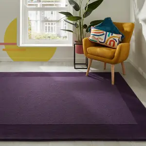 Handmade Luxurious Easy to Clean Modern Wool Bordered Purple Plain Wool Living Room & Bedroom Rug-160cm X 230cm