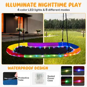 COSTWAY 150 cm Saucer Swing w/ LED Lights 300 kg Platform Tree Swing w/ Adjustable Ropes