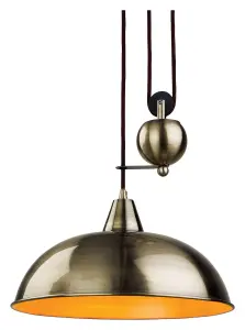 Luminosa Century 1 Light Rise & Fall Dome Ceiling Pendant Antique Brass, E27