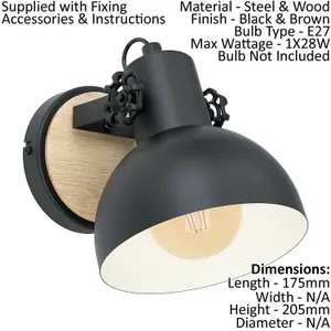 2 PACK LED Wall Light / Sconce Black & Wood Round Adjustable Shade 10W E27