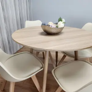 Round Oak Effect Kitchen Dining Table With 4 Cream Tulip Chairs Table Set