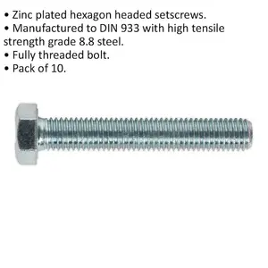 High-Quality M12 x 75mm Setscrew Pack - Grade 8.8 Zinc Fully Threaded DIN 933